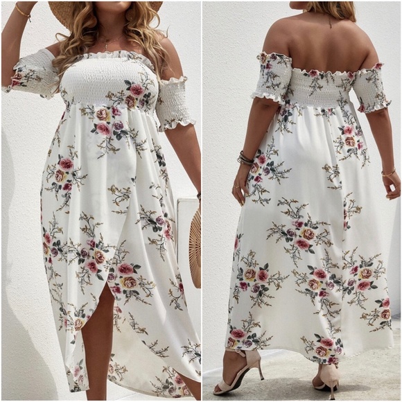 Boho Plus Floral Print Off Shoulder Cottagecore Dress - Picture 3 of 14